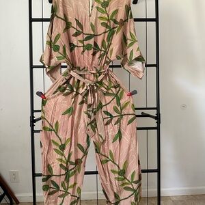 Leaf Print Wide Leg Jumpsuit - Pink and Green